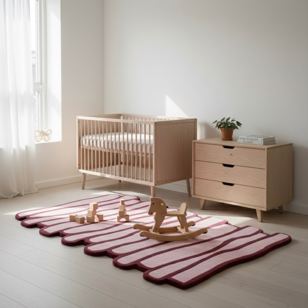 Nursery room with wooden crib, dresser, and toys on a striped rug.
