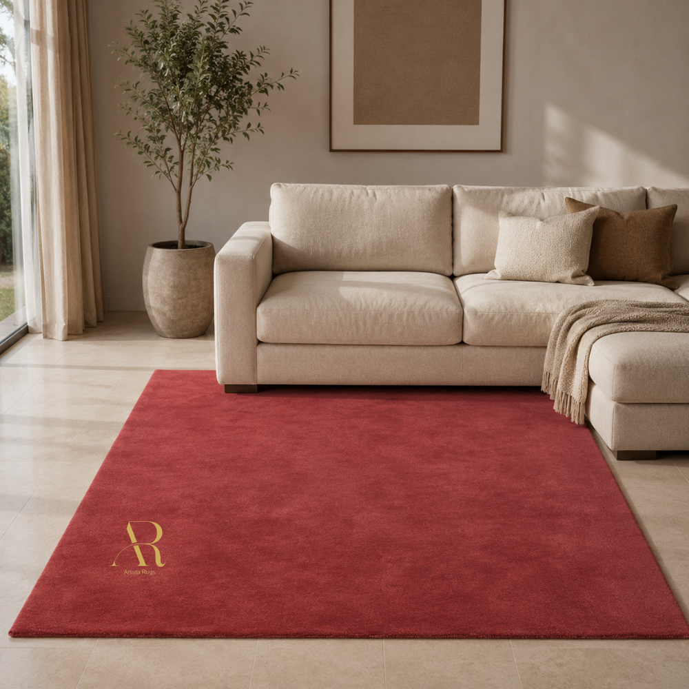 Beige sectional sofa in a living room with a red rug featuring a gold logo.