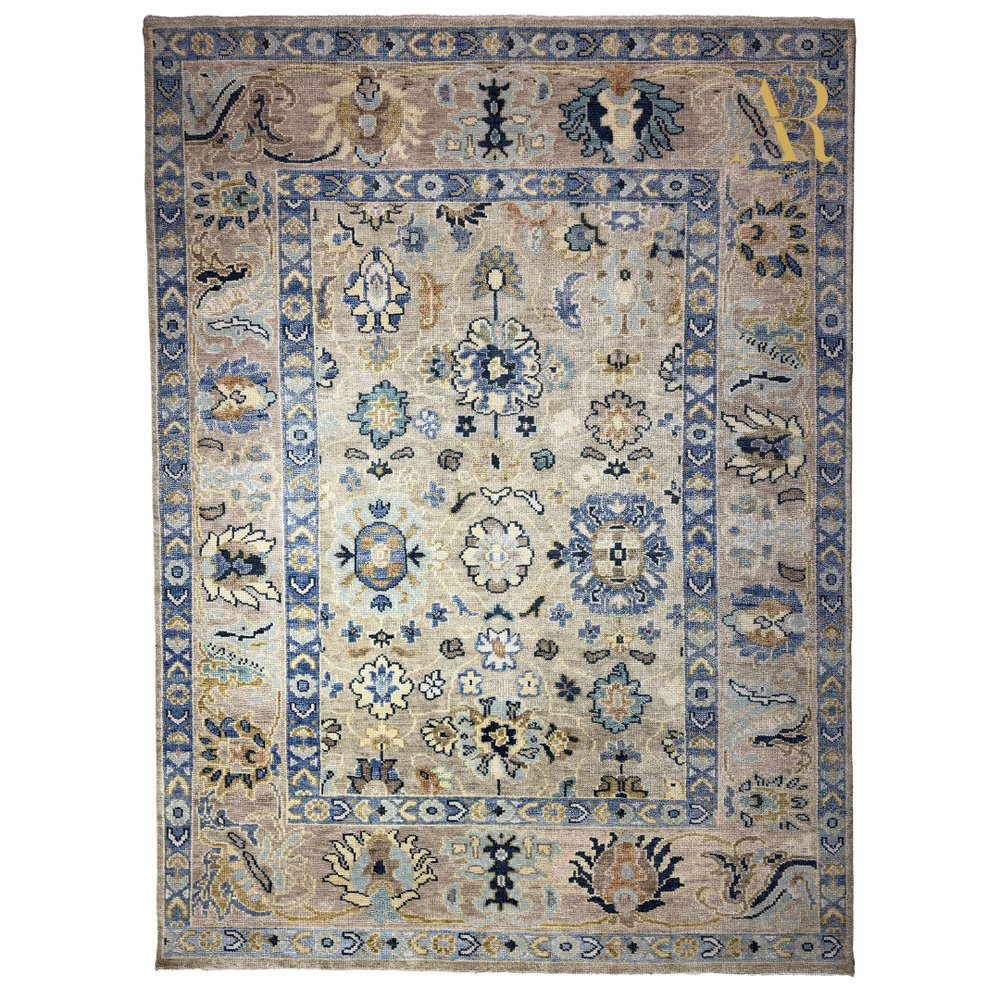 Decorative rug with intricate patterns on a beige background