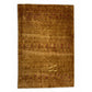 A rectangular brown area rug with a textured, heathered finish, featuring horizontal bands of small red geometric motifs and a central gold Om symbol near the bottom.
