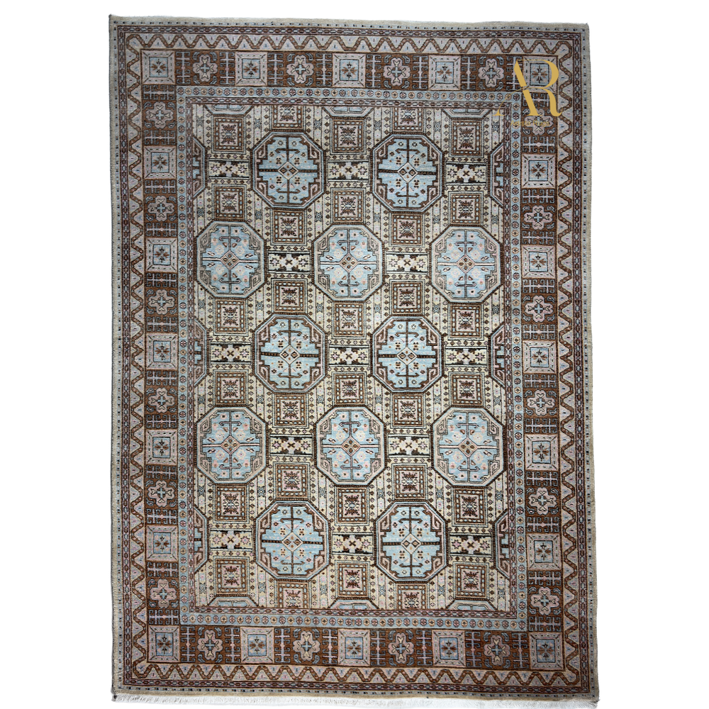 Decorative rug with intricate patterns on a white background