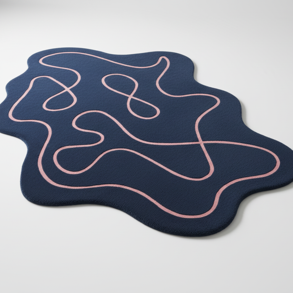 Navy blue mat with pink wavy lines on a white background
