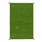 A rectangular green woven rug with a subtle vertical ribbed texture, featuring a small gold monogram 'AR' in the lower center and decorative gold and navy embroidered accents along the borders. The rug is finished with small tassel ties at the four corners, shown flat against a solid white background.