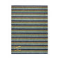 A rectangular area rug with horizontal stripes in navy blue, olive green, beige, and brown, featuring a gold monogram logo in the bottom-left corner, shown against a plain white background.