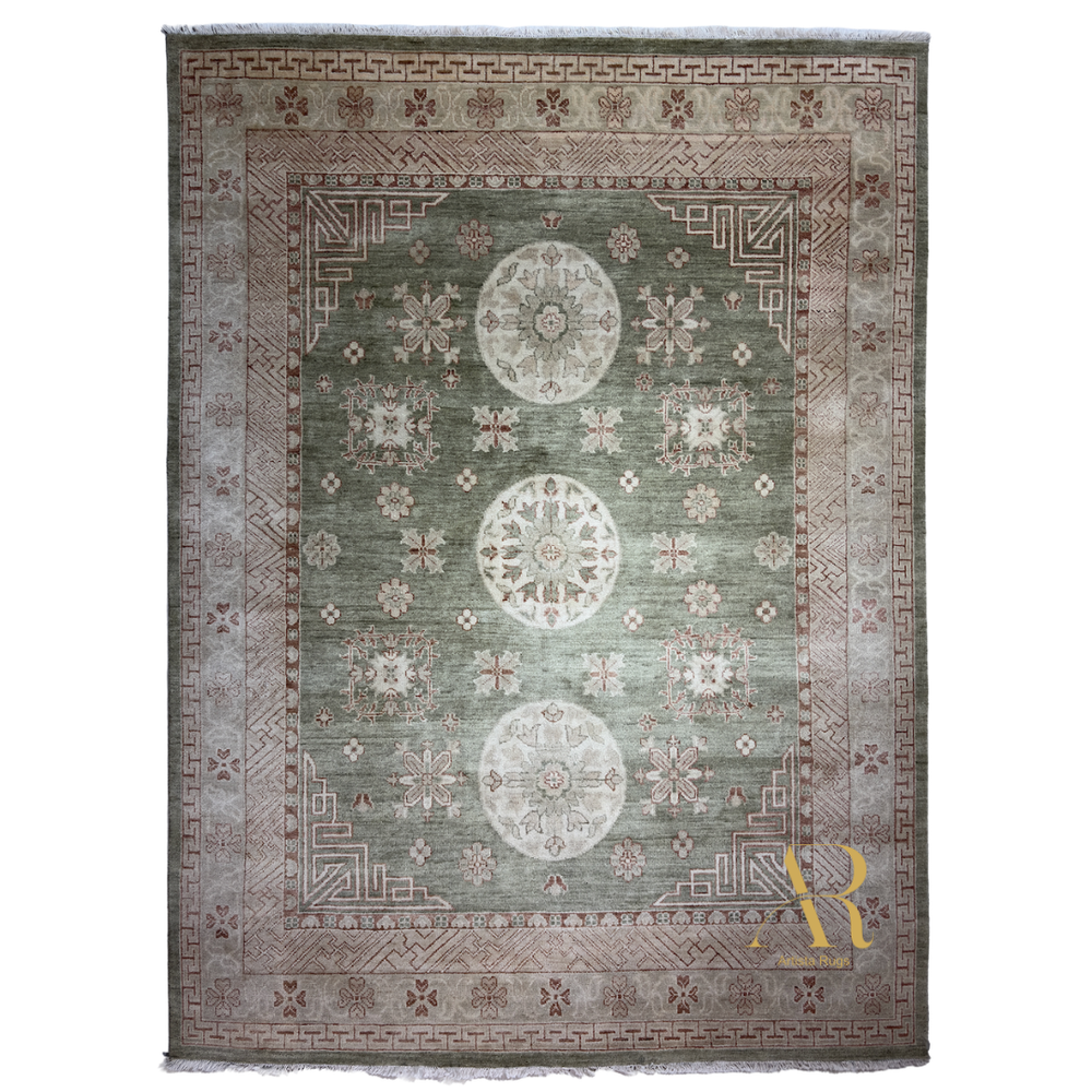 Decorative rug with geometric patterns on a white background