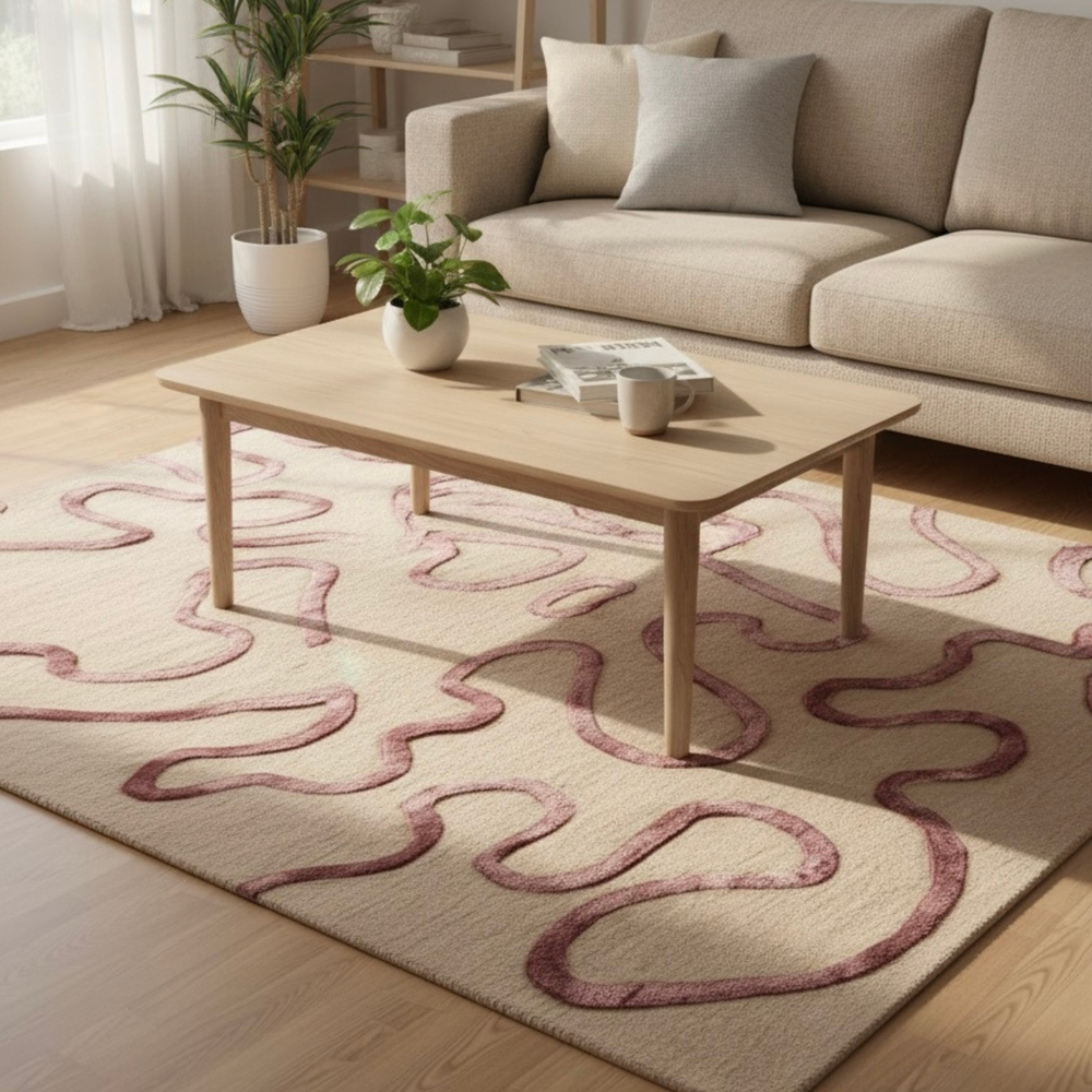 Living room with a beige sofa, wooden coffee table, and patterned rug.