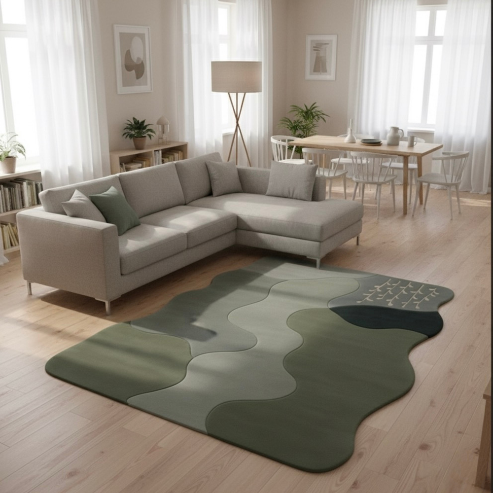 Living room with a gray sectional sofa and a green abstract rug.