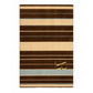 A rectangular striped rug with alternating vertical bands of dark brown, beige, and light blue, featuring a gold monogram logo for 'Artista Rugs' on the right side.