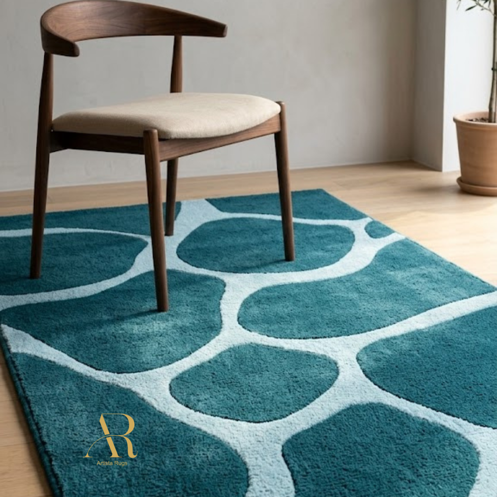 Teal patterned rug with a wooden chair on a light wood floor.