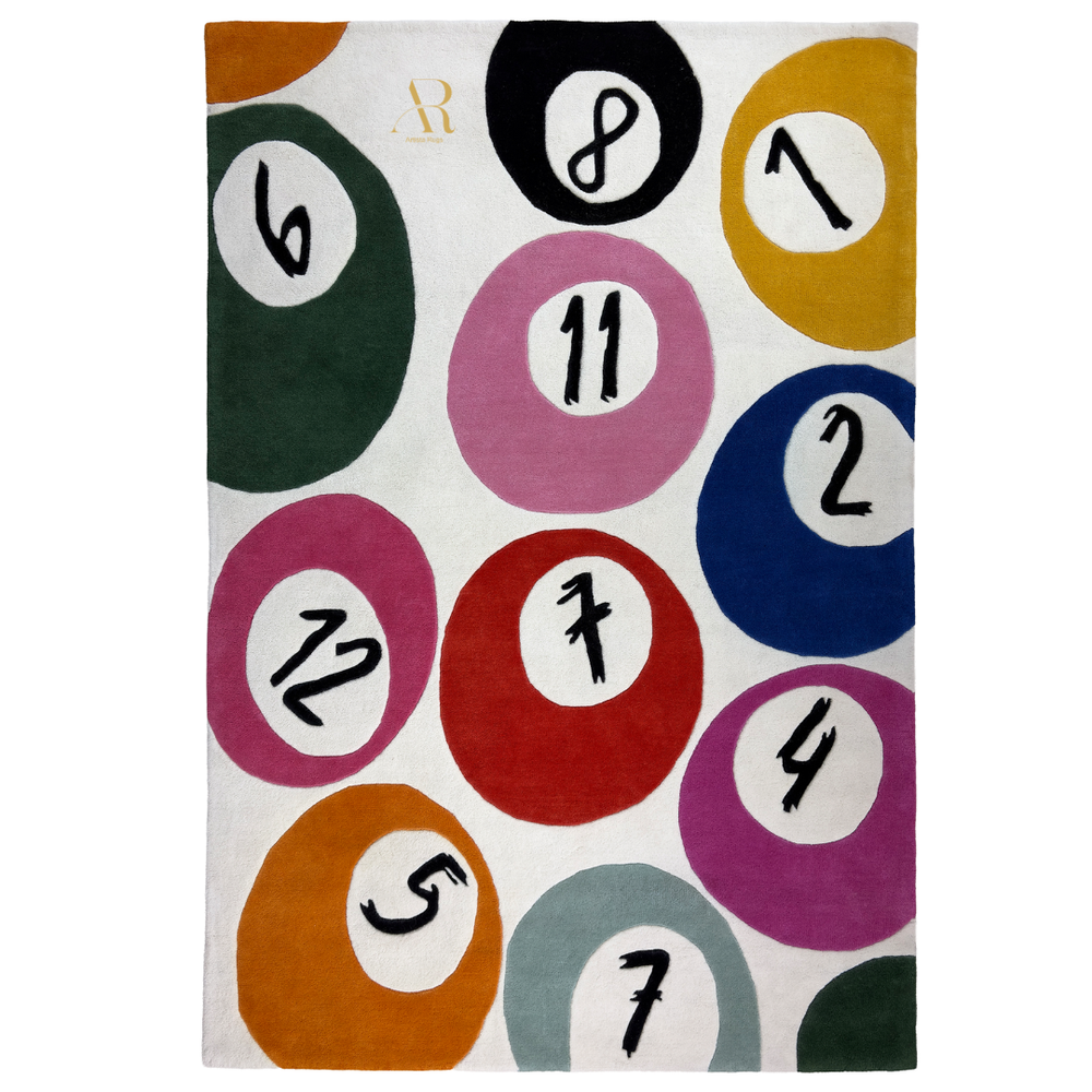 Rug with colorful circles and numbers on a white background