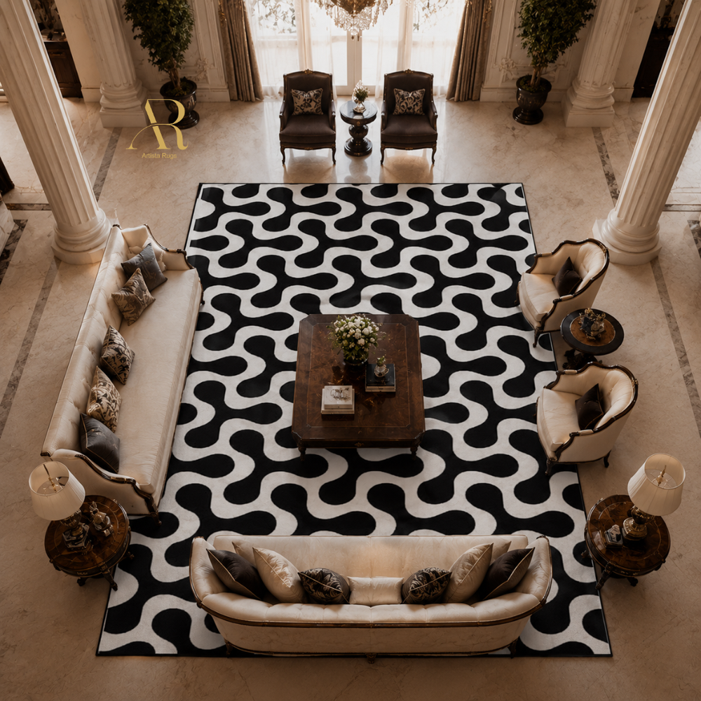 A large rectangular area rug with a bold black and white abstract wavy pattern, styled in a grand, high-ceilinged classical living room with cream sofas, dark wood chairs, and marble columns.