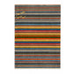 A rectangular area rug with a vibrant multicolor horizontal stripe pattern, featuring a small gold embroidered monogram logo in the upper left corner, set against a plain white background.