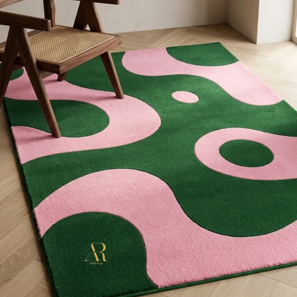 Green and pink abstract patterned rug on a wooden floor with a chair partially visible.