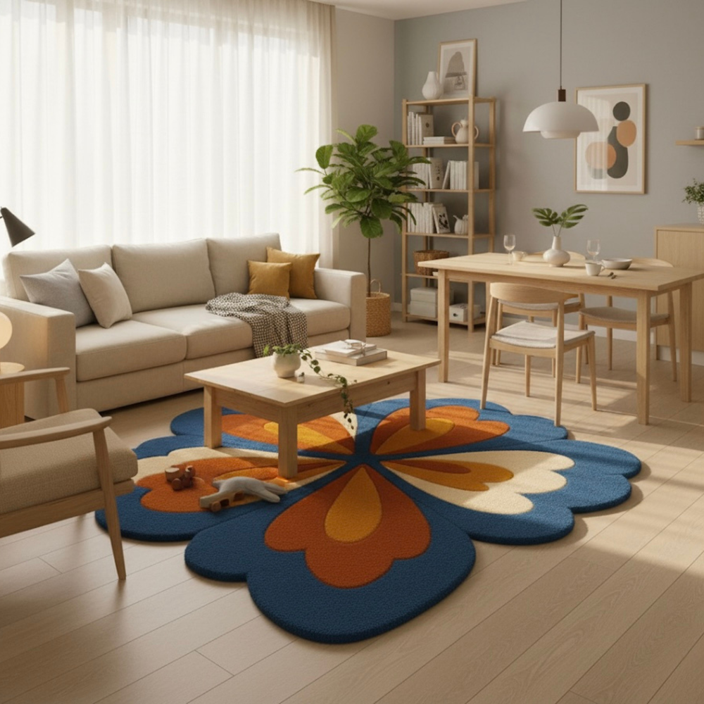 Modern living room with a colorful rug, sofa, and dining table.