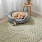 Dog sleeping in a gray pet bed on a patterned rug with a small table and plant in the background.