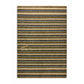 A rectangular fabric placemat with vertical stripes in brown, beige, and muted blue, featuring a small gold monogram logo at the bottom center.
