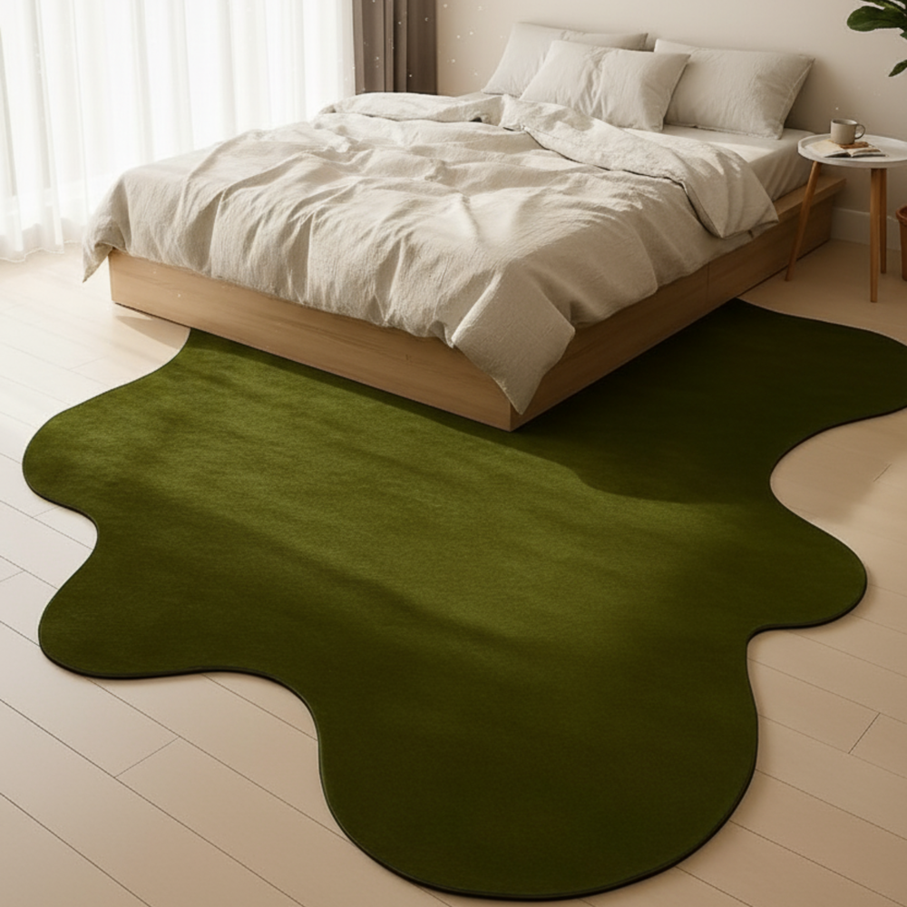 Green abstract rug on a light wooden floor in a bedroom setting.