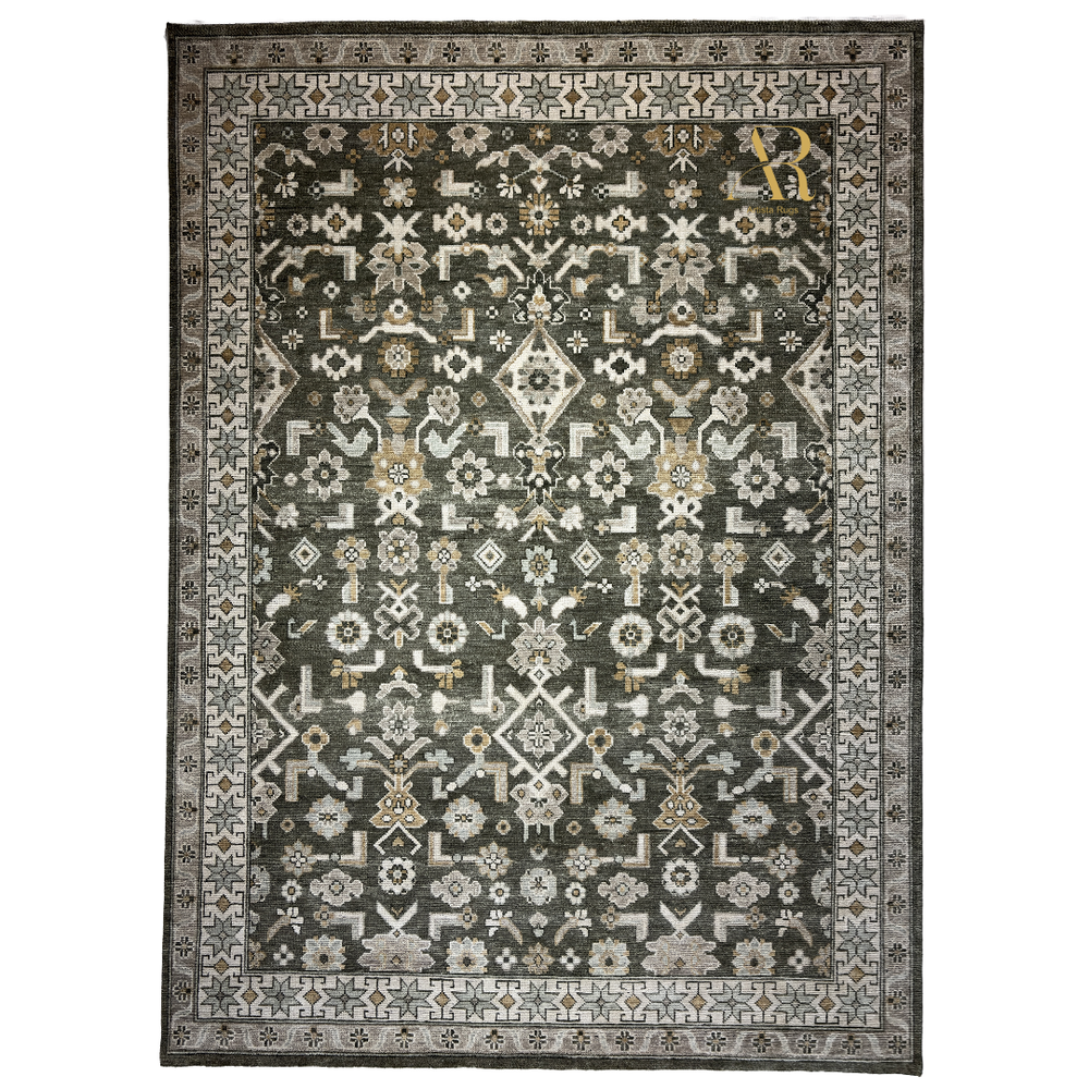 Decorative rug with intricate patterns on a white background