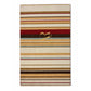 A rectangular area rug with vertical stripes in beige, brown, red, and light blue, featuring a gold monogram 'R' with 'Rugos' printed in the center.