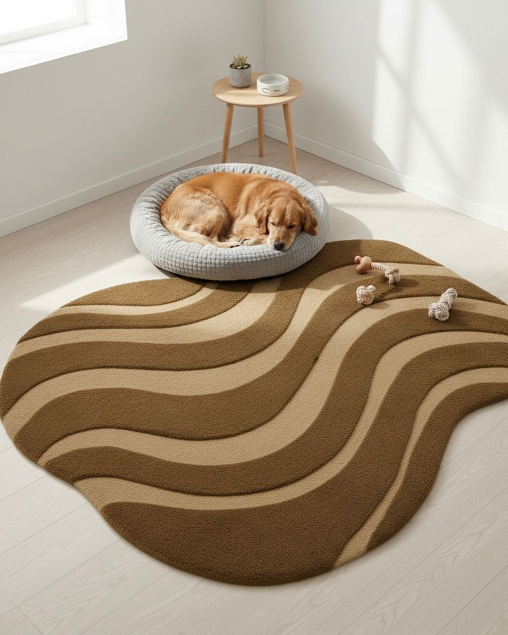 Dog resting on a round pet bed with a wavy patterned rug in a bright room.