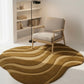 Wavy patterned rug on a white floor with a chair and bookshelf in the background.