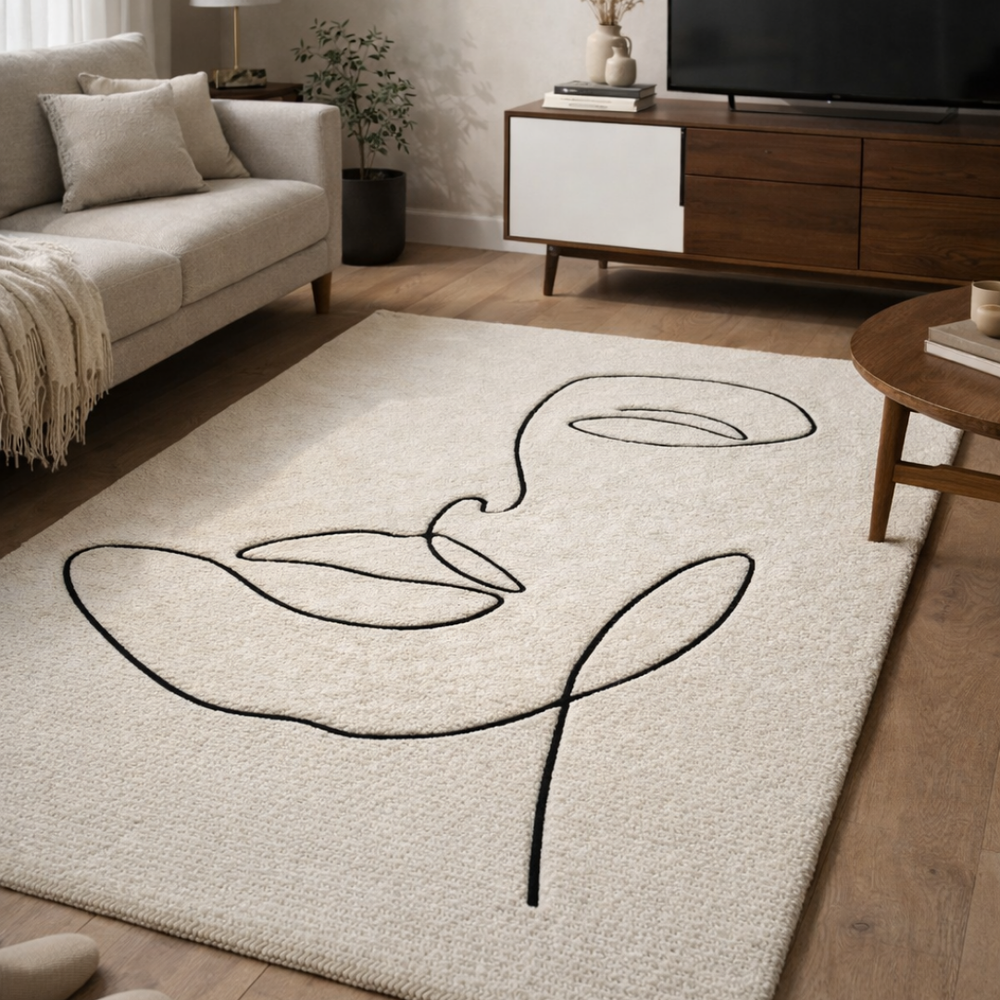 Beige rug with black abstract design in a living room setting