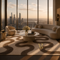 A luxury modern living room featuring a large curved beige sofa, a matching armchair, a round stone coffee table, and a large area rug with a wavy brown pattern. The room is styled with a vase of white flowers and has floor-to-ceiling windows overlooking a city skyline at sunset.