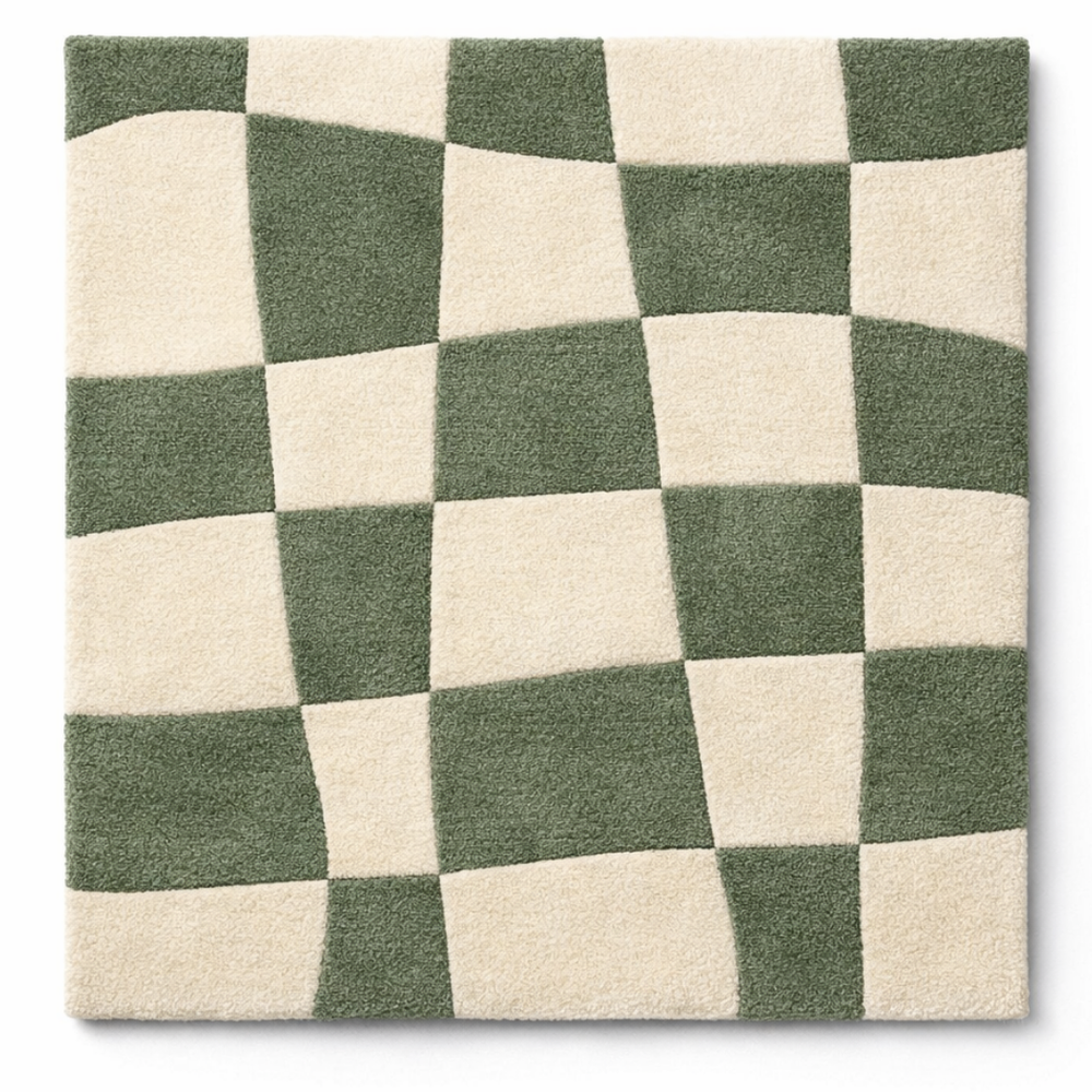 Checkered pattern with green and white squares on a white background