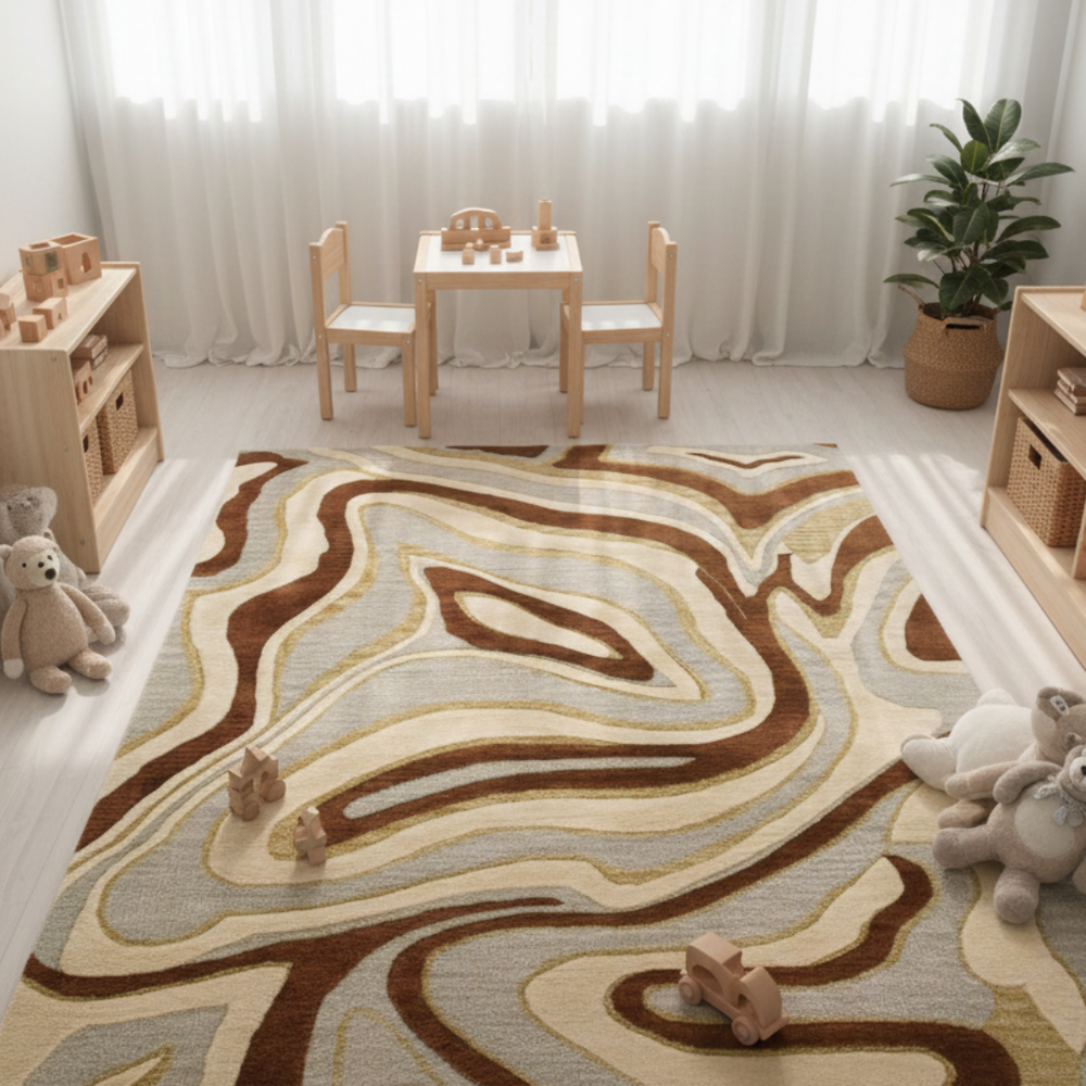 Children's playroom with a patterned rug, wooden table, chairs, and toys.