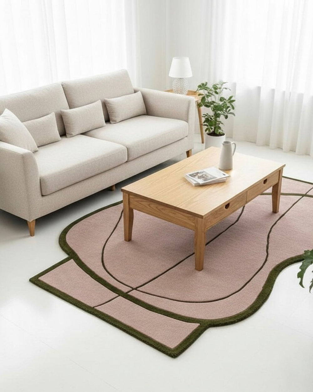 Living room with a beige sofa, wooden coffee table, and a pink and green rug.