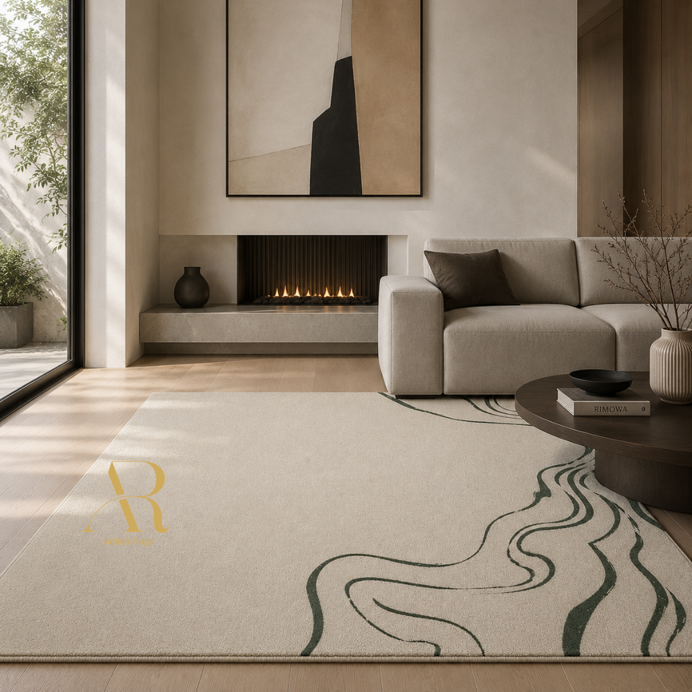A large cream-colored area rug with abstract dark green wavy lines and a gold 'AR' monogram logo in the bottom-left corner, styled in a modern living room setting.