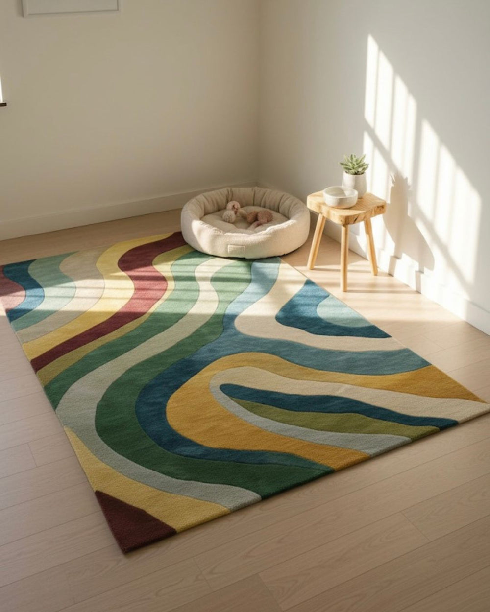 Colorful abstract rug on a wooden floor with a dog bed and small table in the background.