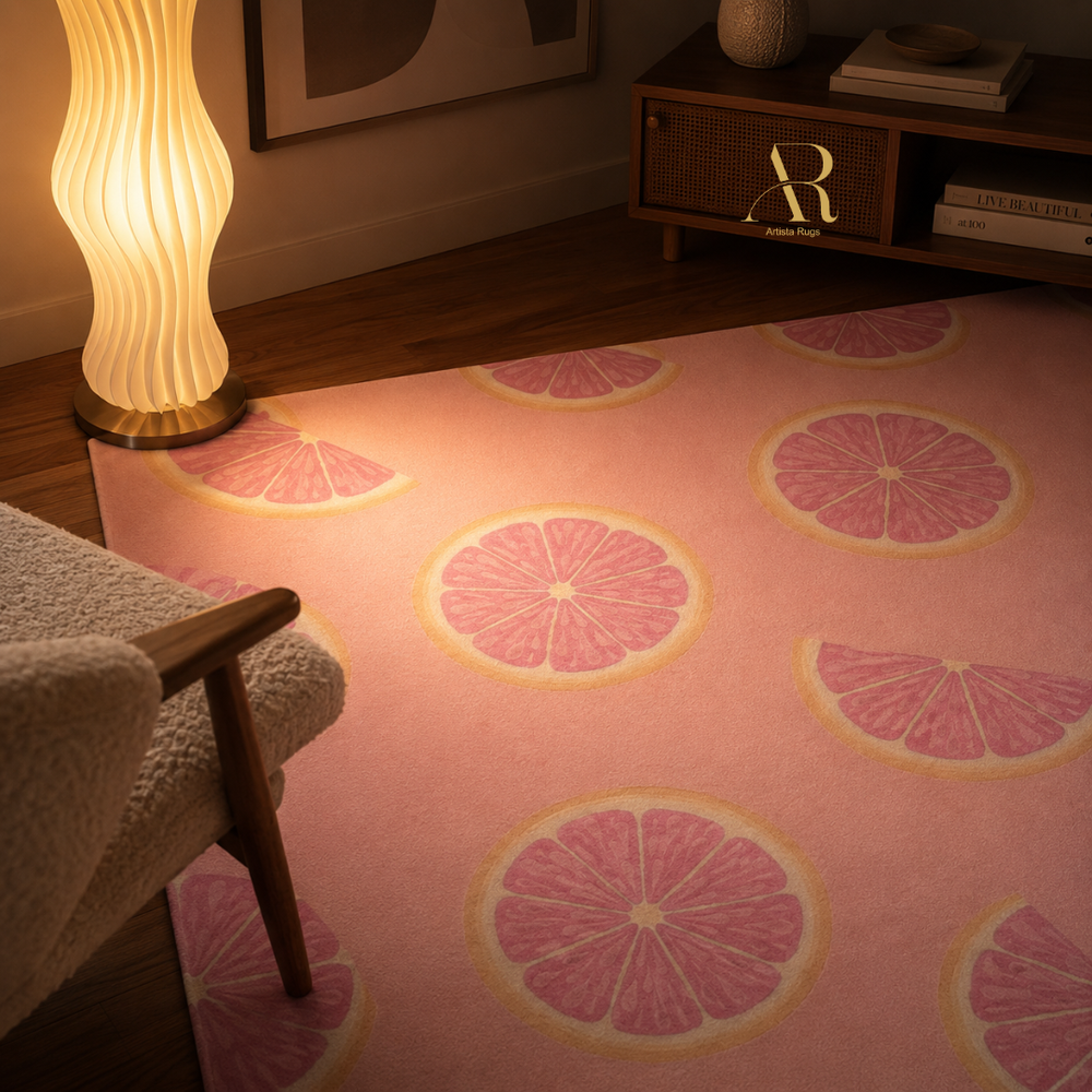 A pink area rug with a repeating pattern of pink grapefruit slices, styled in a warm, modern living room setting next to a glowing wavy floor lamp and a mid-century modern chair.