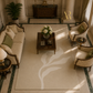 A large cream-colored area rug with a minimalist white leaf pattern, styled in a luxurious, high-end classic living room with beige sofas, a dark wood coffee table, and marble accents.