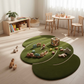 Children's playroom with a green leaf-shaped rug and wooden toys.