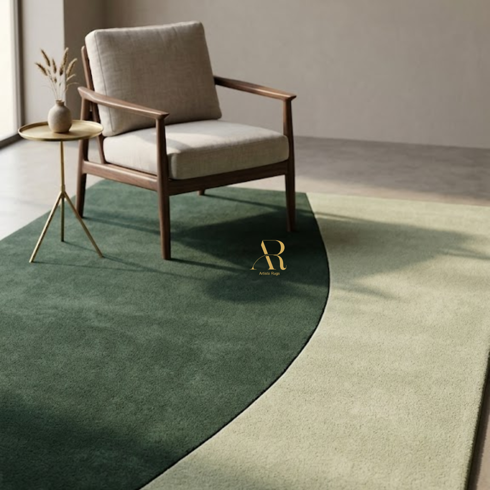 Modern armchair with wooden frame and beige cushion on a green carpet, with a small table in the background.