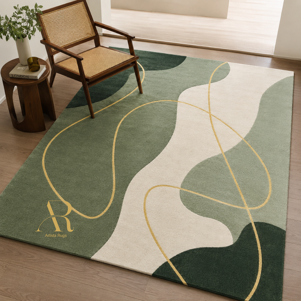 A rectangular area rug with an abstract wavy pattern in sage green, cream, and dark forest green, accented by flowing gold lines. The rug is styled in a modern living room setting on a light wood floor next to a mid-century modern armchair and a small wooden side table.