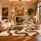 A luxury living room featuring a large cream and brown wavy pattern area rug on a polished wood floor. The room is styled with elegant cream-colored furniture, a crystal chandelier, a marble coffee table, and a large potted tree.