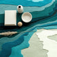 Textured blue and green rug with decorative items on top
