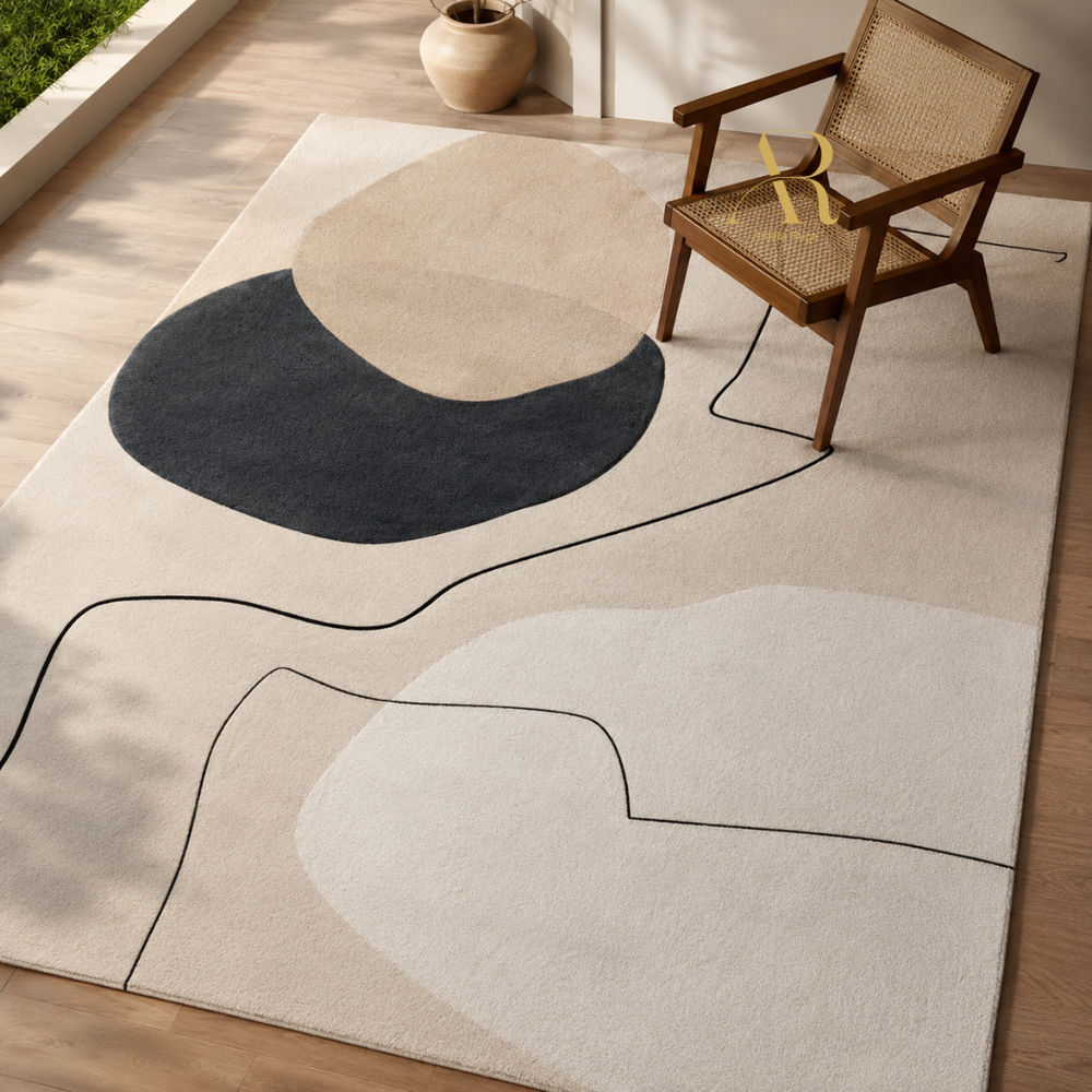 A modern abstract area rug with large organic shapes in cream, beige, charcoal, and black, styled on a light wood floor next to a wooden armchair.
