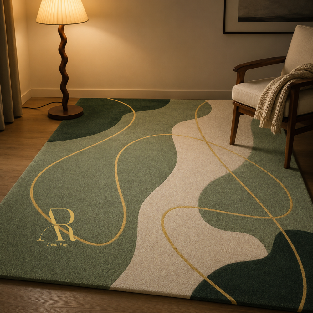 A rectangular area rug with an abstract organic pattern in sage green, cream, and dark forest green, accented by flowing gold lines. The rug is styled in a warm, modern living room setting with a wooden floor, a lit floor lamp, and a wooden armchair.
