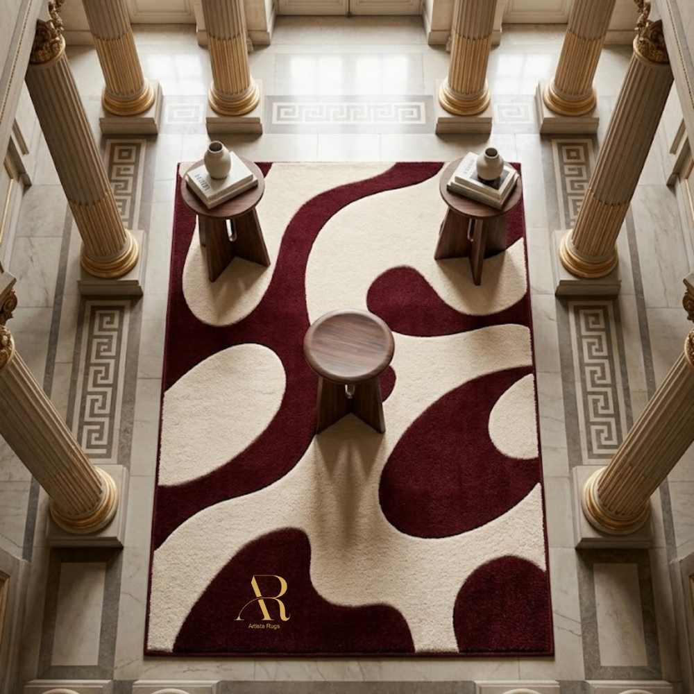 Patterned rug with a logo in a grand hall with columns