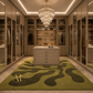A luxury walk-in closet with beige cabinetry, a crystal chandelier, and a green abstract patterned area rug with a gold monogram logo in the corner.
