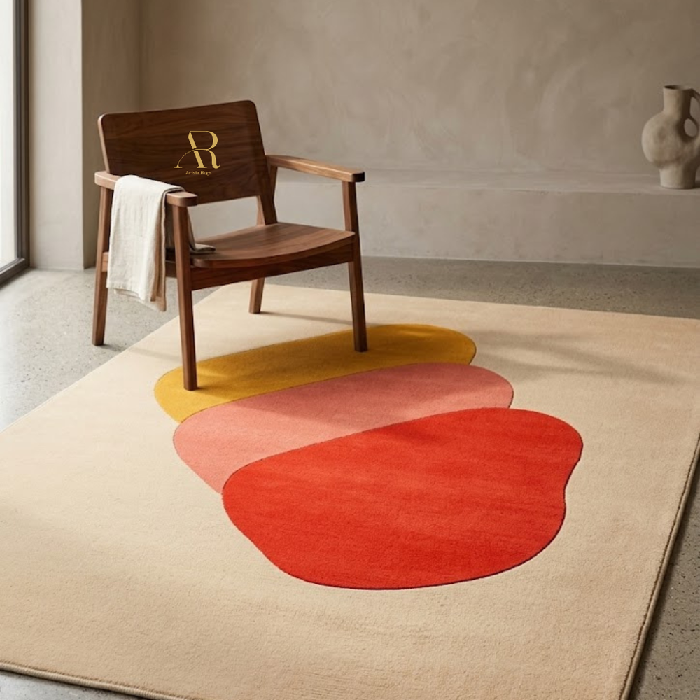 Wooden chair with a logo on a colorful abstract rug in a minimalistic room.