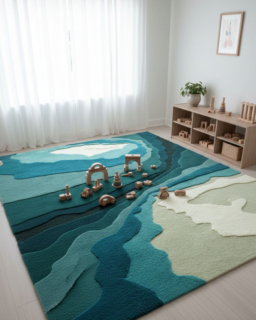 Children's playroom with a colorful rug featuring a landscape design, toys, and a bookshelf.