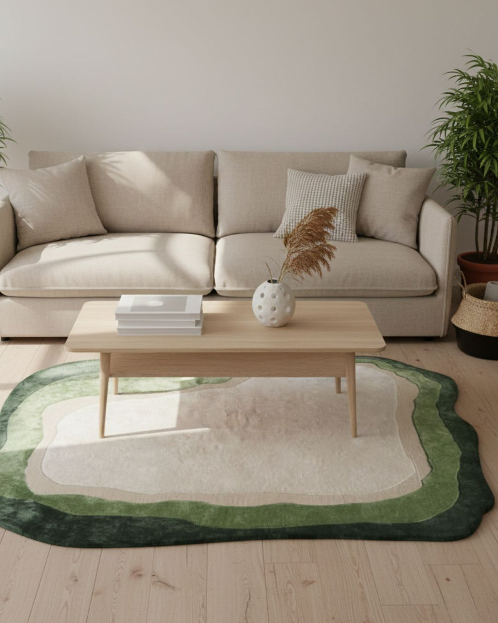 Beige sectional sofa with a wooden coffee table and decorative items in a living room setting.