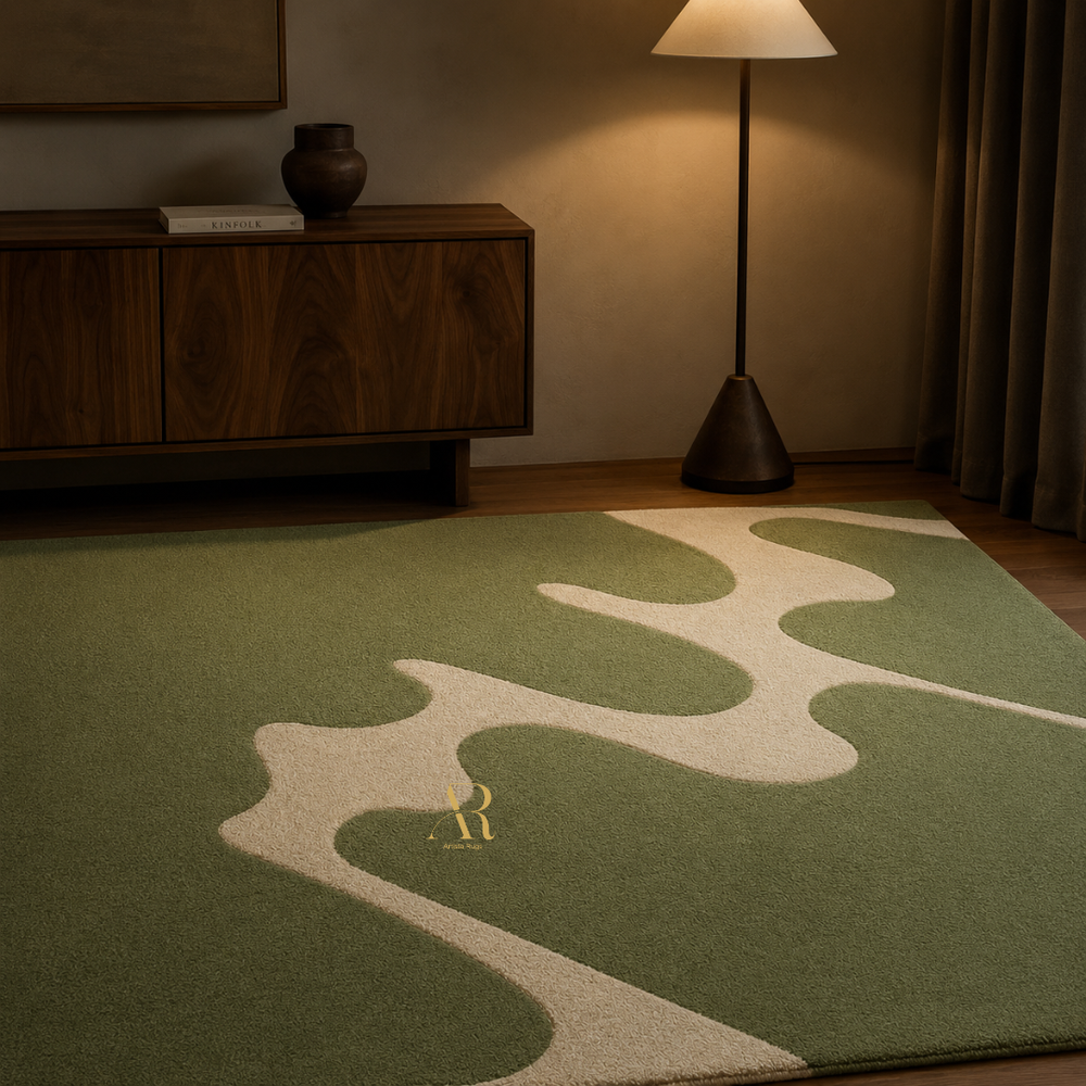 A green area rug with a cream wavy abstract pattern and a small gold logo, styled in a modern living room setting next to a wooden sideboard and a floor lamp.