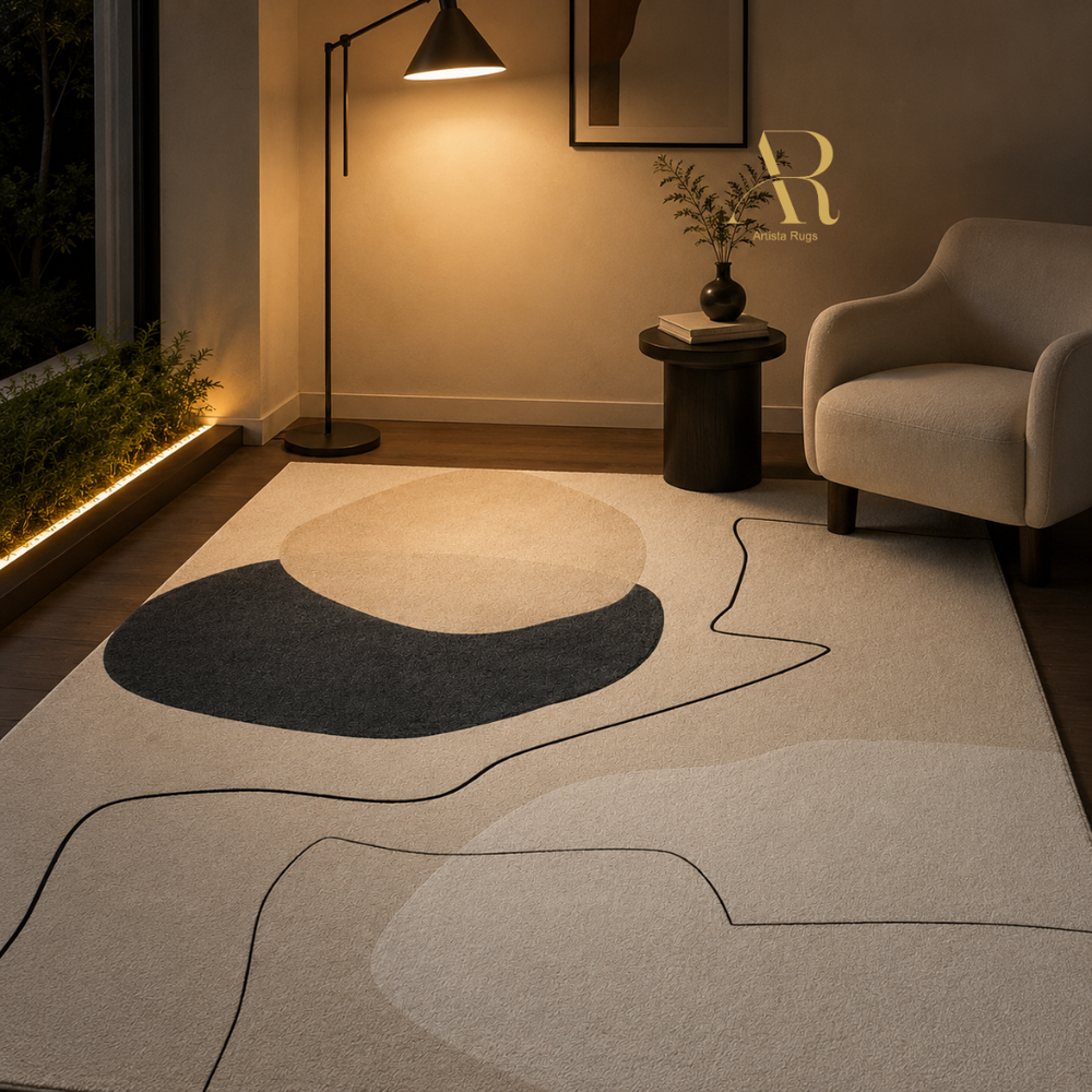 A modern abstract area rug in a warm, contemporary living room setting. The rug features a minimalist design with a large dark charcoal gray shape, a large cream circle, and flowing black lines on a light beige background.