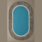 Oval-shaped rug with blue center and black striped border on a beige background