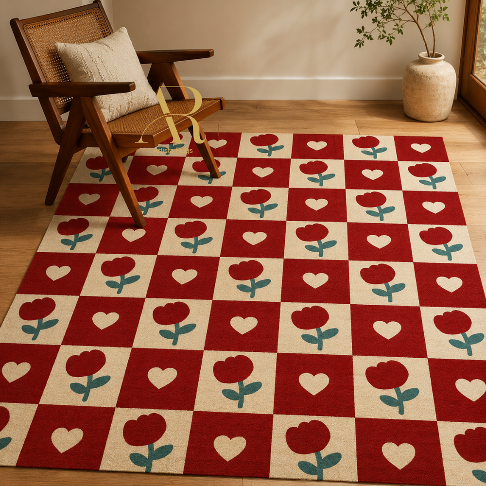 A rectangular area rug with a red and cream checkerboard pattern featuring stylized red flowers and white hearts, styled in a warm room setting next to a wooden armchair.